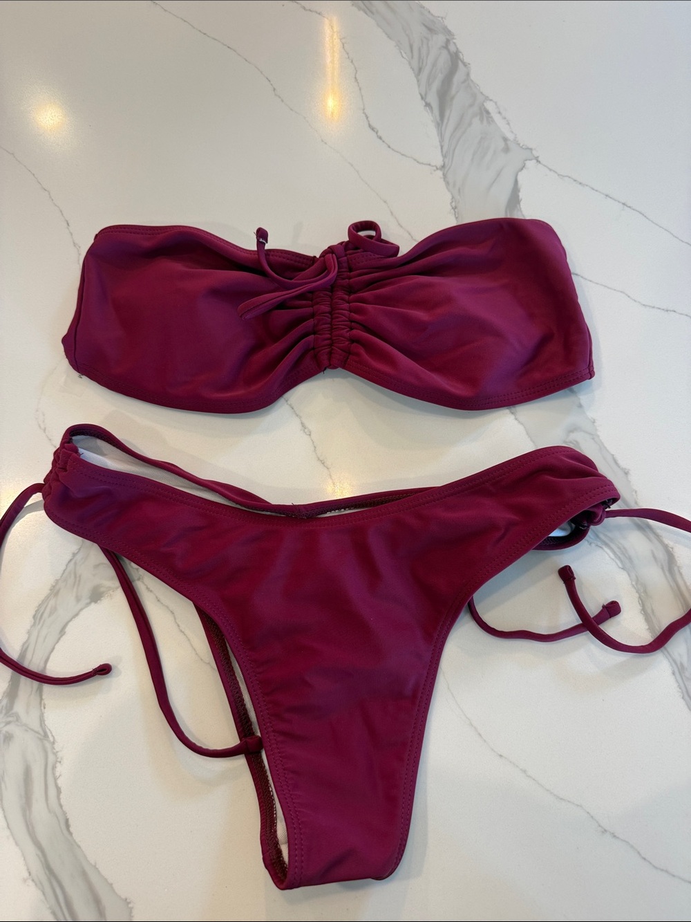 Ruched Bandeau Bikini Set in Deep Berry